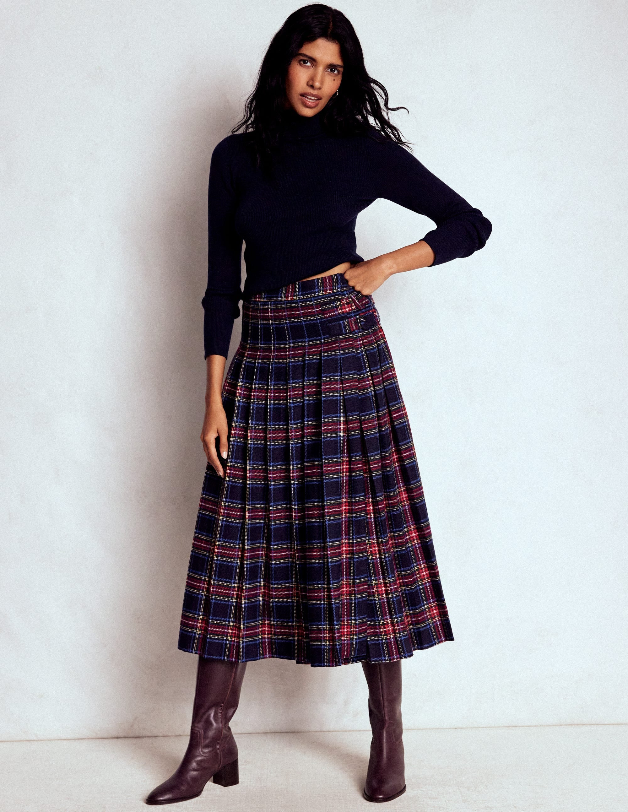 Josephine Wool Kilt Skirt-Navy, Green and Red Check | Boden UK