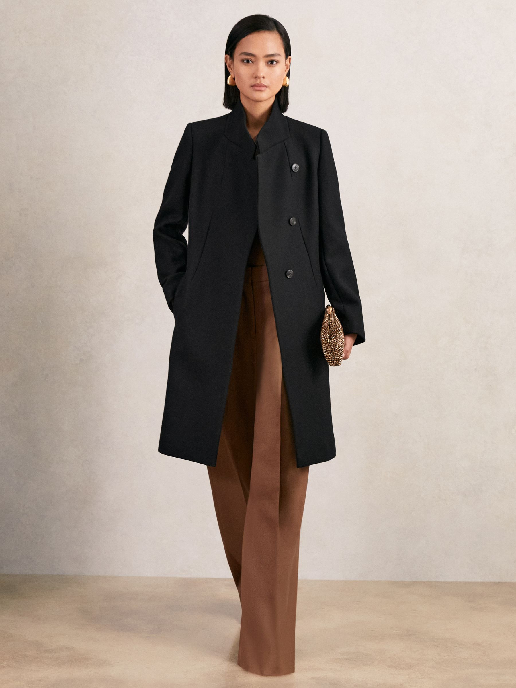 Reiss Wool-Blend Wrapover Mid-Length Coat in Black | REISS | Reiss US