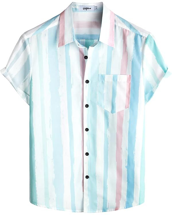 VATPAVE Mens Striped Summer Shirts Casual Button Down Short Sleeve Beach Stylish Untucked Hawaiia... | Amazon (US)