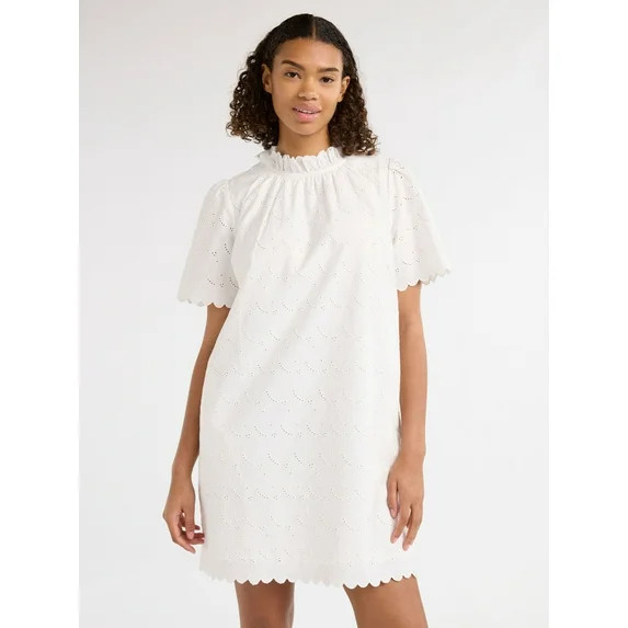 Free Assembly Women’s and Women's Plus Ruffle Neck Cotton Eyelet Mini Dress with Short Sleeves,... | Walmart (US)