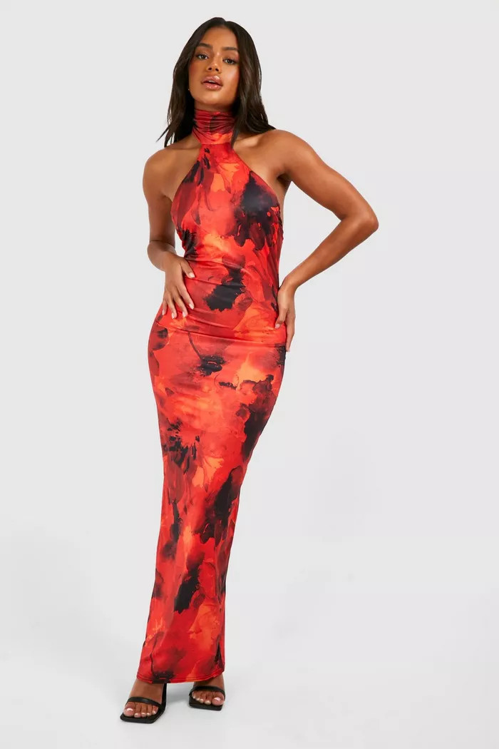 Racer Neck Printed Slinky Maxi Dress | boohoo (US & Canada)