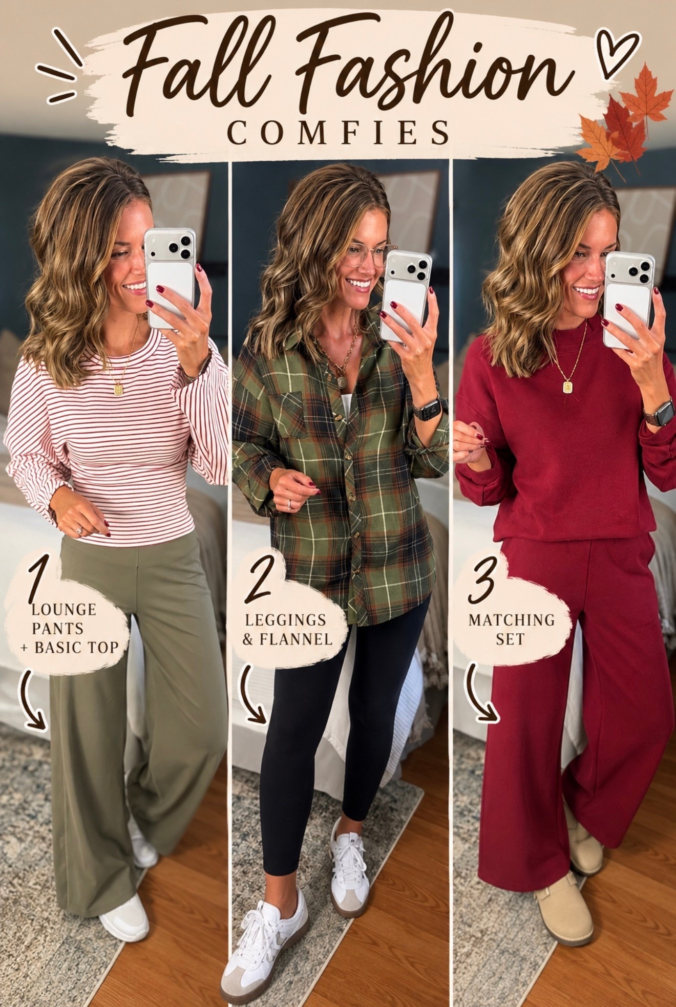 Fall fashion but make it comfy. 
Striped Top/ small 
Pants medium 
Button down medium
Set small (my color sold out 😢)