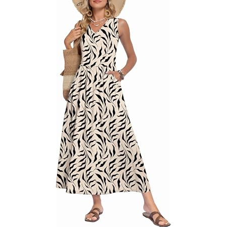 MISFAY Women's Summer Dress Sleeveless Casual Beach Long A Line Sun Dress with Pockets,Apricot Bl... | Amazon (CA)