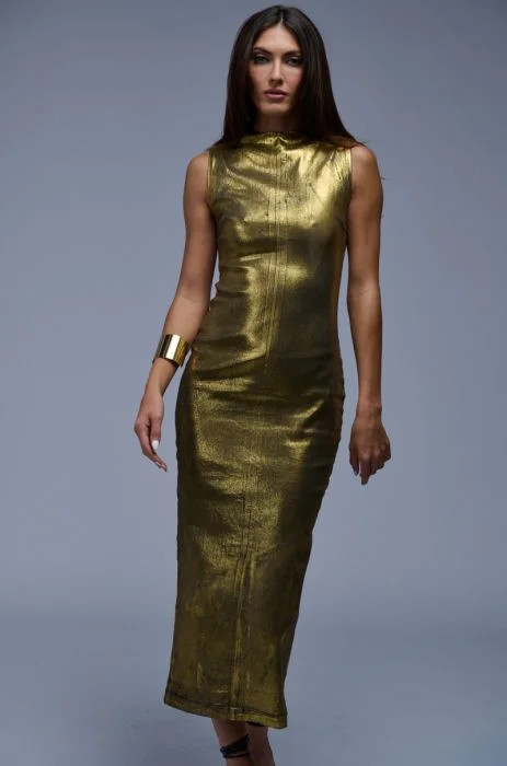 MADE IN METALLICS MAXI DRESS IN GOLD | AKIRA