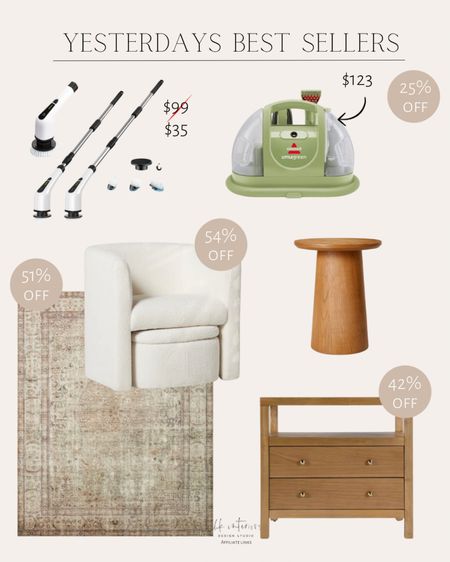 Yesterdays Best Sellers 
Upholstered accent chair with storable ottoman/ little green portable cleaner/ cordless bath scrubber / 2-drawer nightstand 

#LTKHome #LTKSaleAlert
