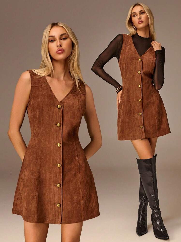 Avantive Women's V-Neck Single-Breasted Sleeveless Mini Dress Halloween Costumes Fall Clothes For Women Winter Clothes For Women Fall Dresses For Women Work Outfits For Women Concert Outfits For Women Festival Outfit Dresses For Women Elegant Homecoming Dress Vintage Dress Rust Brown Dress Brown Suede Dress Country Feminino Teacher Outfits For Women 2000s Style Old Money Mujer Fall Clothes For Women Autumn Dress Going Out | SHEIN