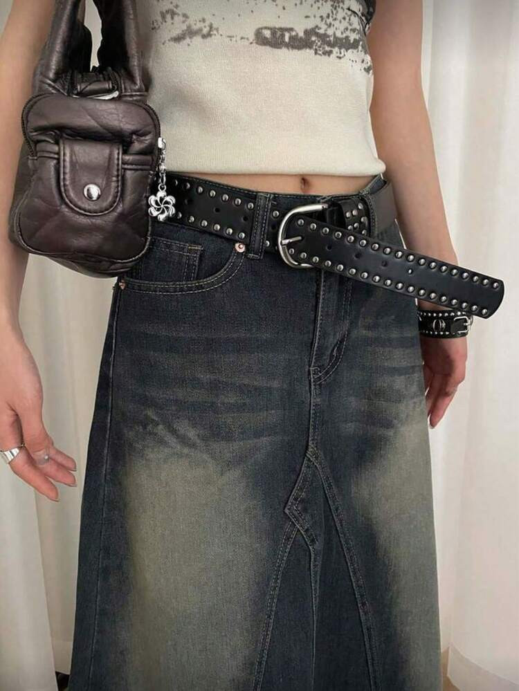 1pc Women's Black Faux Leather Punk Style Double Rivet Decor Belt, Versatile Waist Strap | SHEIN