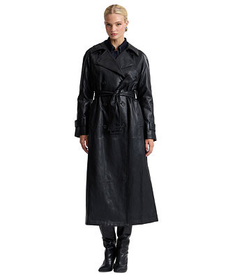 Women's Faux-Leather Belted Raglan-Sleeve Trench Coat | Macy's