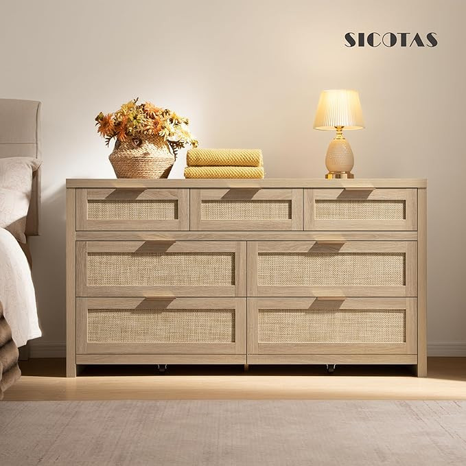 SICOTAS 7 Drawer Dresser for Bedroom, 57" Wide Rattan Dressers, Large Chest of Drawers for Bedroo... | Amazon (US)