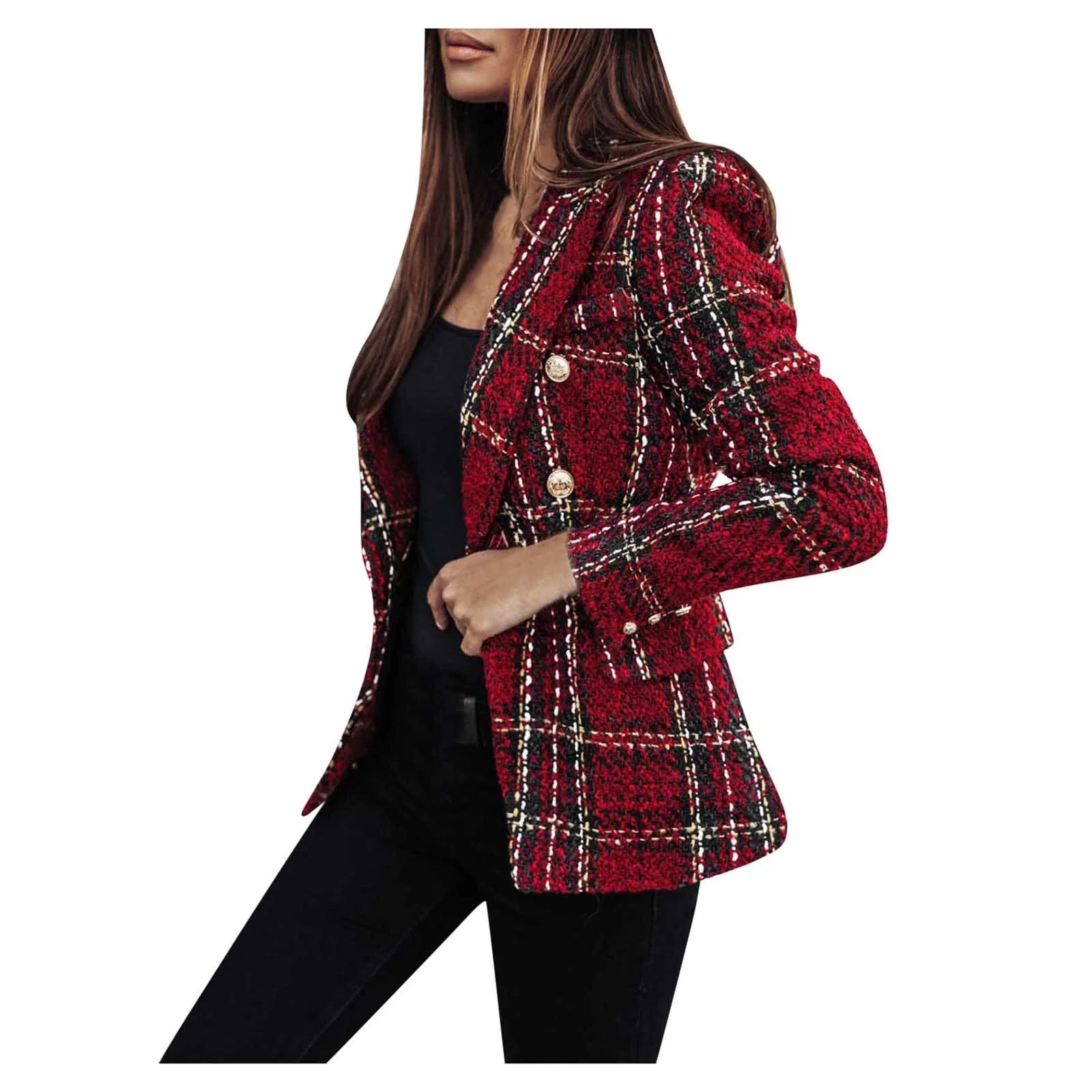 Women'S Plaid Check Suit Satin Jacket formal Cardigan Pocket Work Office Suit Coat | Walmart (US)