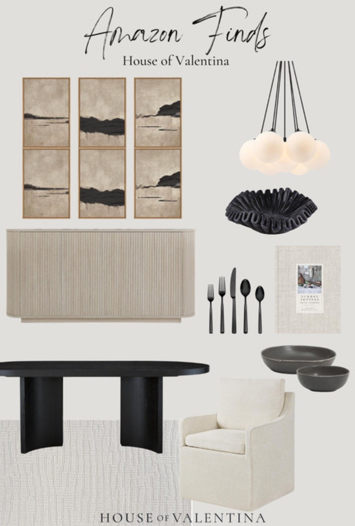 It's true... every meal tastes better in a pretty space!!! I love creating dining rooms that feel warm, layered, and inviting with soft neutrals, sculptural lighting, organic textures, and timeless pieces that make everyday moments feel a little more special.

From the oversized artwork to the cozy upholstered seating and moody black accents, every detail adds warmth and balance while still feeling effortless and livable. To me, the best spaces are the ones that make you want to slow down, gather around the table, and stay a little longer. 

 #LTKSeasonal #LTKHome #LTKSaleAlert