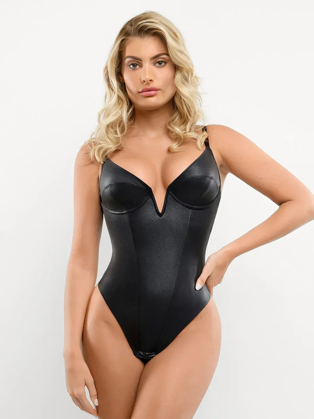 Shapewear Faux Leather Plunging V Sculpting Corset Bodysuit | Popilush