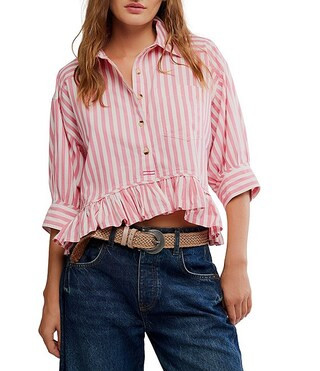 We The Free Bailey Stripe Print Point Collar 3/4 Sleeve Ruffle High-Low Hem Button Front Blouse | Dillard's
