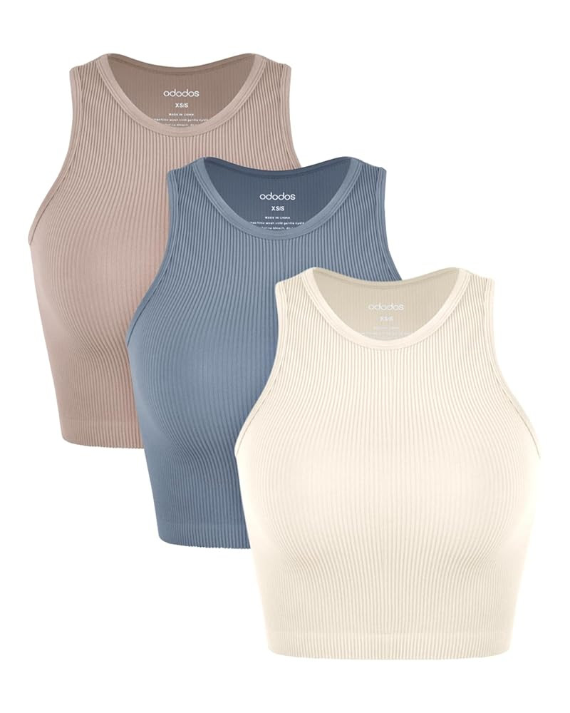 ODODOS 3-Pack Seamless Crop Tank for Women Ribbed Soft High Neck Cropped Tops | Amazon (US)