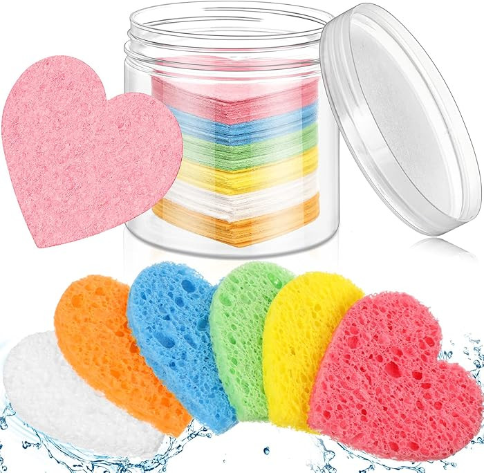 60 Pieces Facial Sponges with Container, Heart Shape Compressed Face Sponges Natural Cleaning Pad... | Amazon (US)