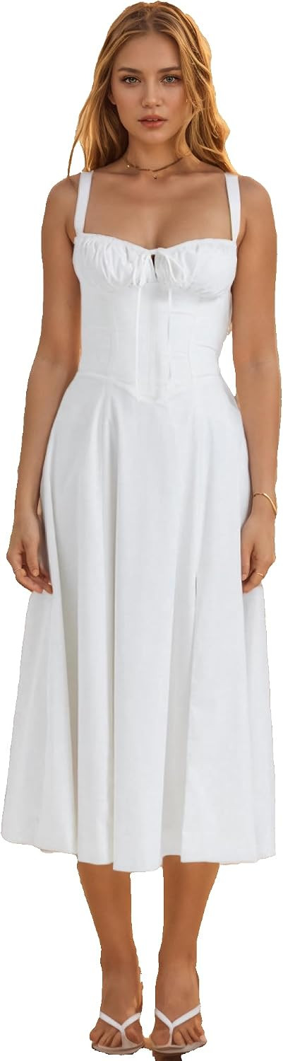 White Summer Dresses for Women 2026 Midi Dress Boho Corset Dress Sundress | Amazon (US)