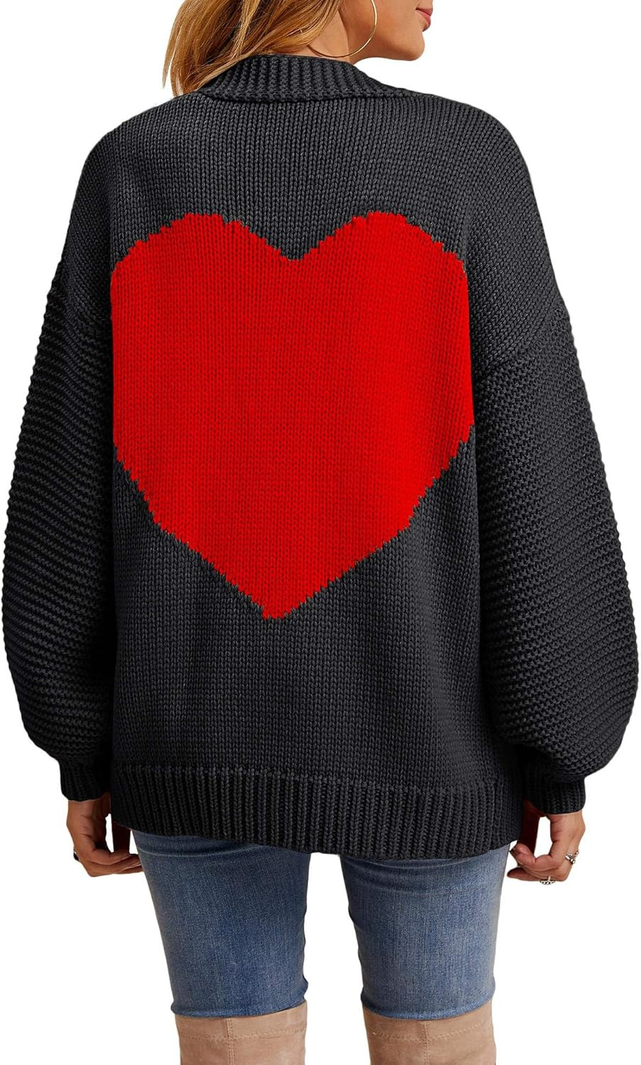 Tutorutor Womens Oversized Love Heart Pattern Print Open Front Cardigan Sweaters Casual Boho Valenti | Amazon (US)