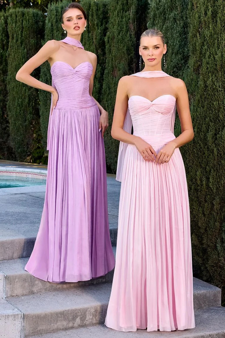 Linnea Gown - Strapless Shimmer Chiffon Dress with Scarf | Lady Black Tie