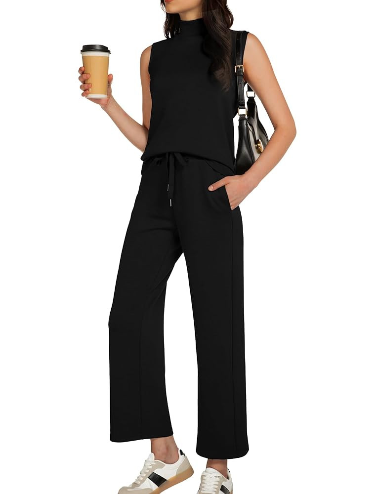 Women's Summer 2 Piece Outfits Mock Neck Tank Top Cropped Wide Leg Pants Lounge Sets 2025 Fashion... | Amazon (US)