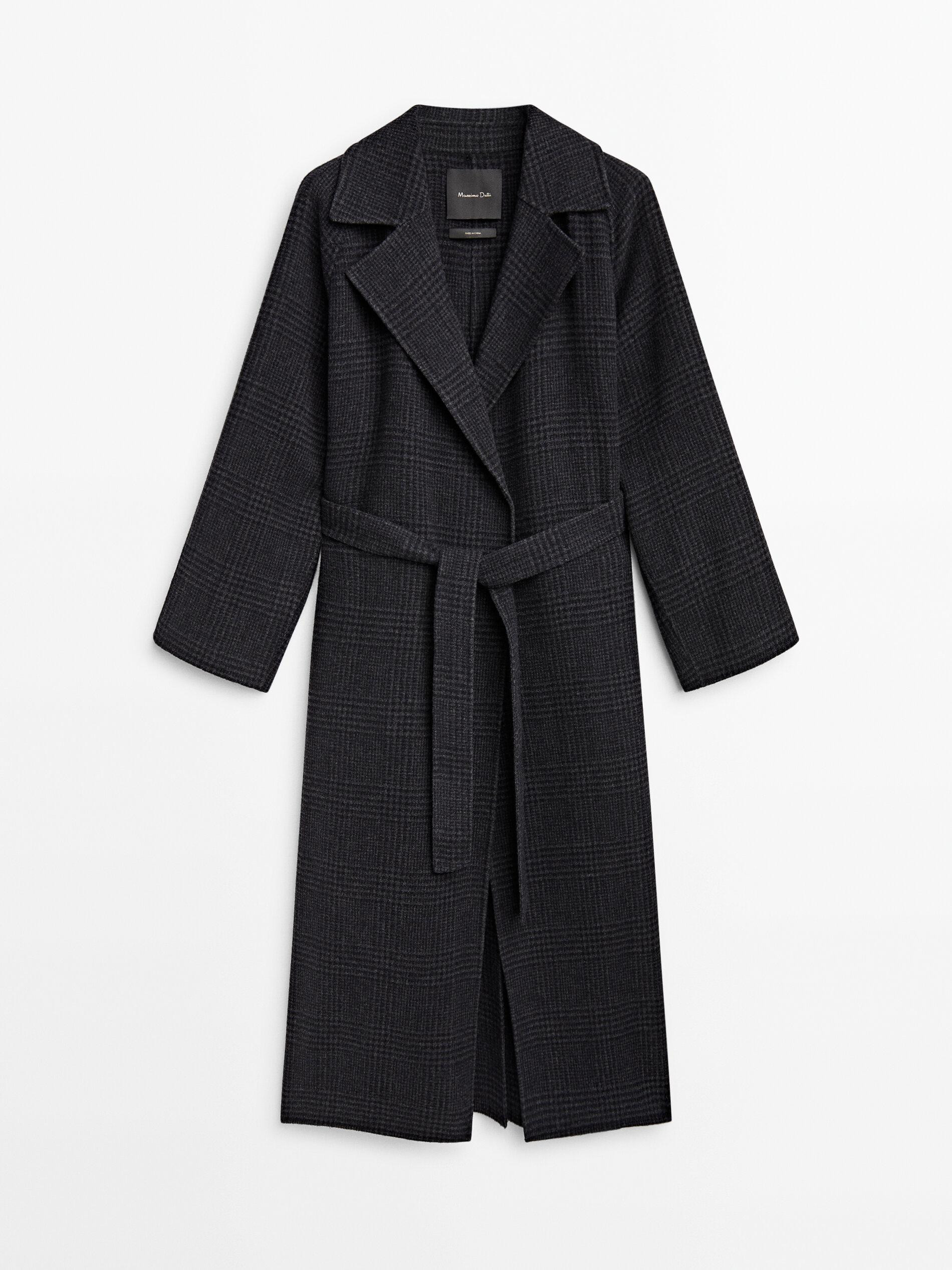 Long wool blend check robe coat | Massimo Dutti US
