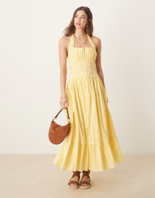 ASOS DESIGN halter neck lace prairie dress with pintucks in lemon | ASOS | ASOS (Global)