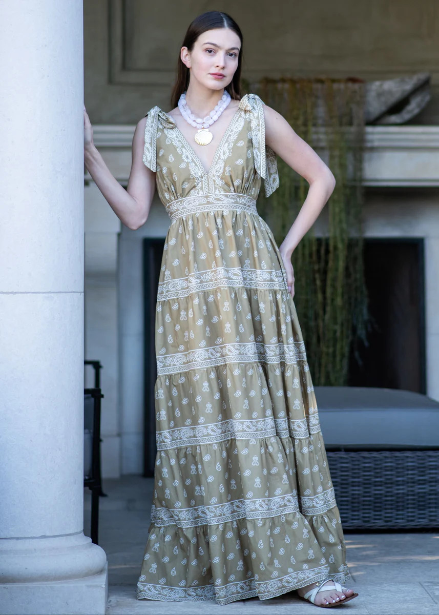 Philomena Printed Taupe Tiered Cotton Maxi Dress | Benaar La