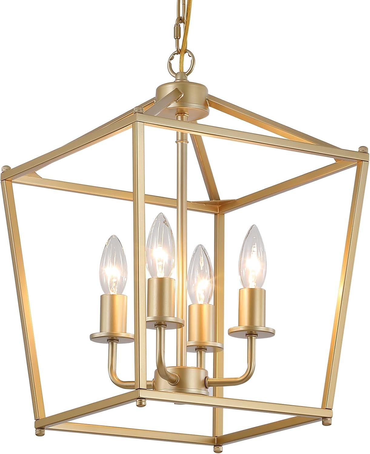 Industrial 4 Lights Chandelier, Gold Lantern Ceiling Light Fixtures with Rustic Metal Cage Adjust... | Amazon (US)