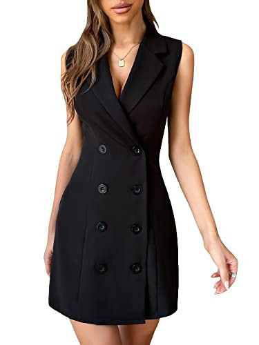 WDIRARA Women's Sleeveless Collared Double Breasted Blazer Dress Work Office Dresses Black M | Amazon (US)