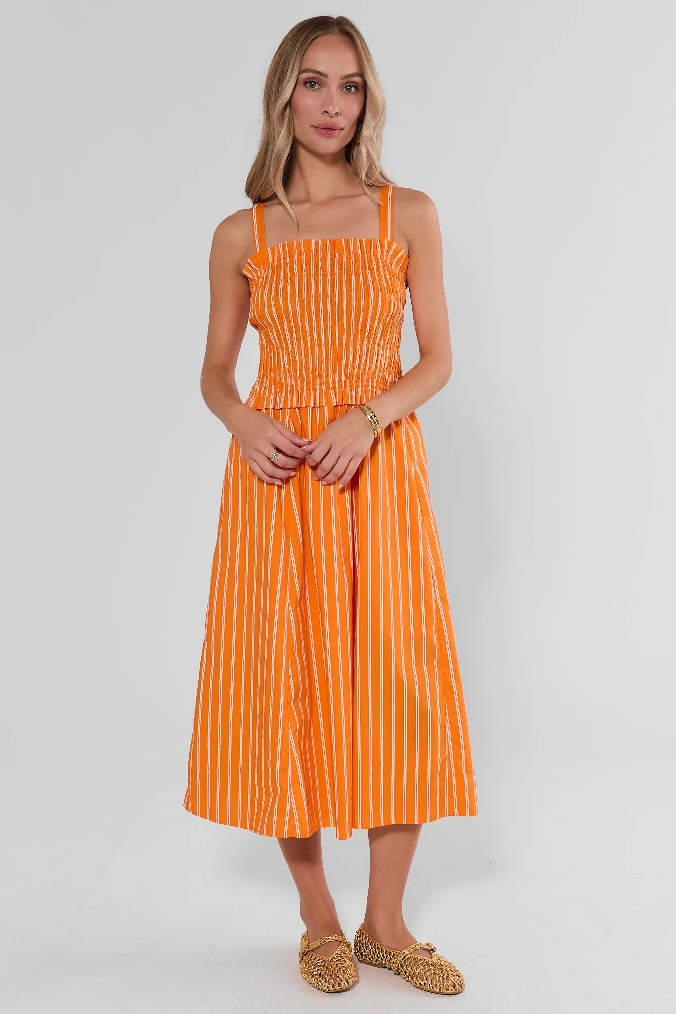 Orange Striped Smocked Midi Dress | Avara