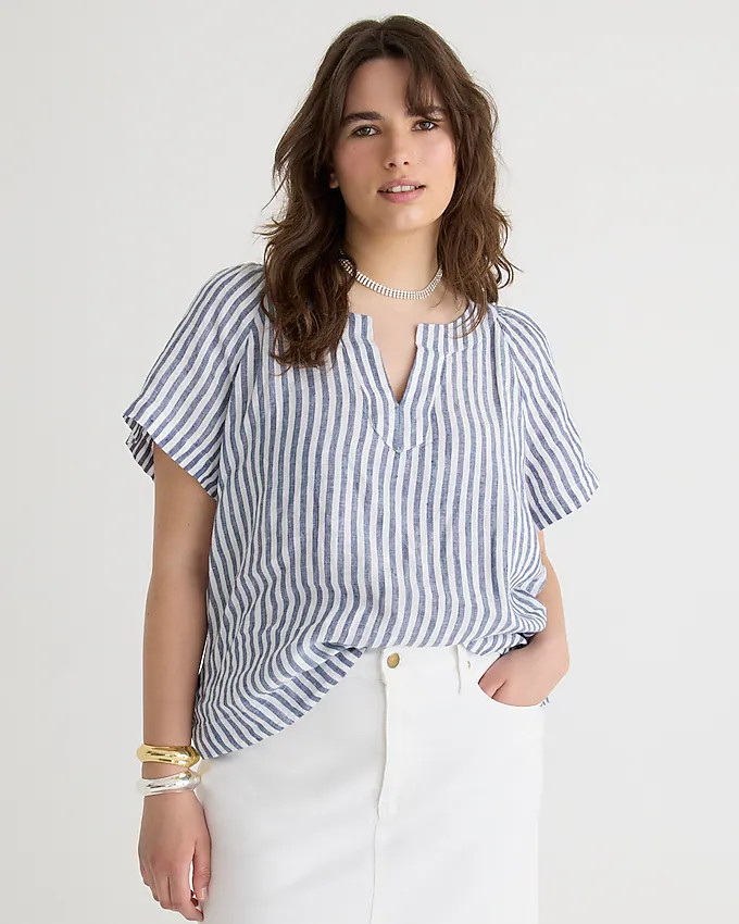 Flutter-sleeve linen V-neck top in stripe | J. Crew US