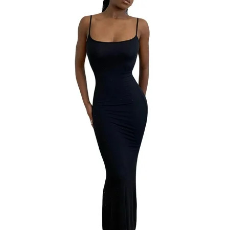 Domingbub Women Sleeveless V Neck Party Clubwear Long Dress Vestidos Solid Color Spaghetti Strap Sli | Walmart (US)