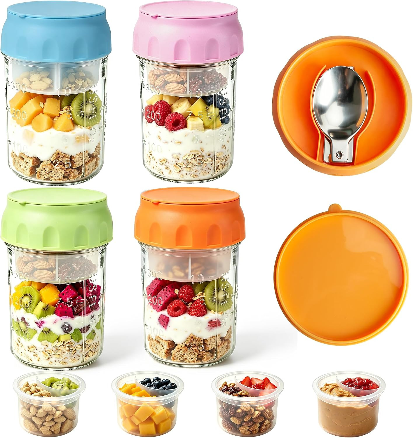 16oz Overnight Oats Containers with Lids & Folding Spoons, 4 Pack Glass Meal Prep Jars with Divided Compartments, Leakproof Airtight Mason Jars for Oatmeal Yogurt Parfait Fruit Snack | Amazon (US)