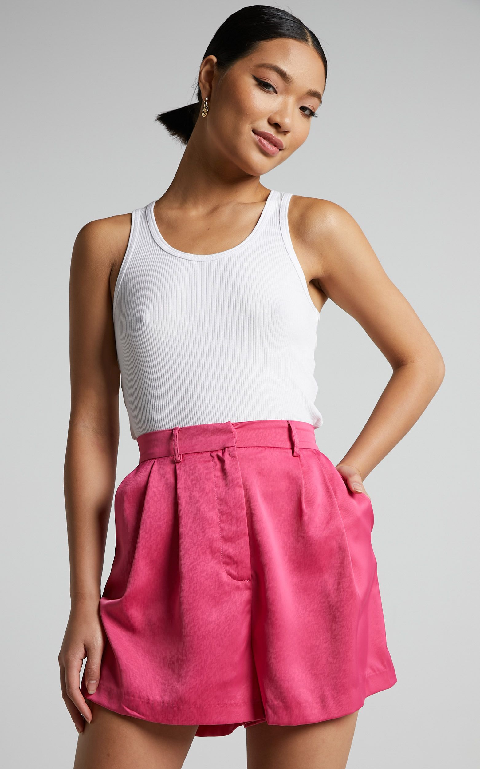 Jannie Shorts - High Waist Tailored Shorts in Pink | Showpo (US, UK & Europe)