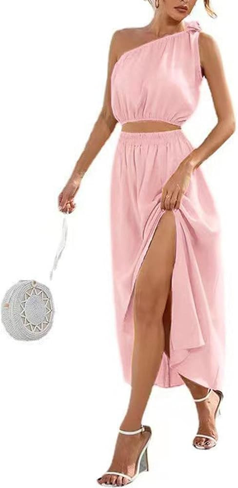 PUONILCA Women 2 Piece Maxi Skirt Sets One Shoulder Crop Top Pink Maxi Skirt Outfit Skirts Amazon | Amazon (US)