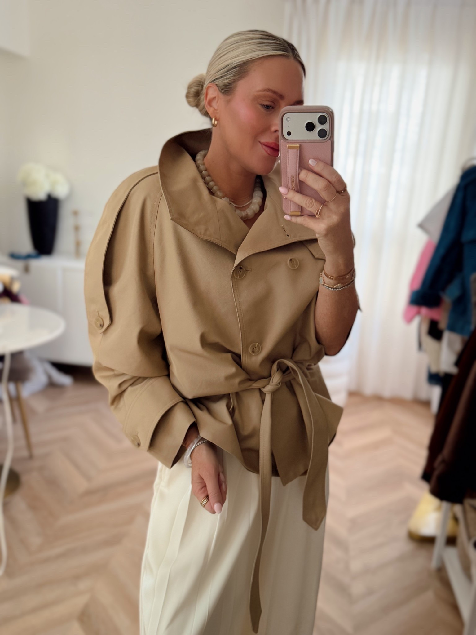 Wearing small in jacket and med in pants.


Spring outfit. Spring style. White pants. Trench coat. Rain coat. Chunky necklace. 


#LTKSeasonal #LTKgrwm #LTKootd