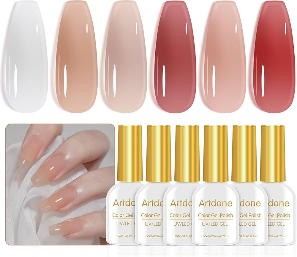 Artdone Sheer Gel Nail Polish Set Jelly UV Gel 6 Colors Translucent Milky Pink Nude Brown Colors ... | Amazon (US)