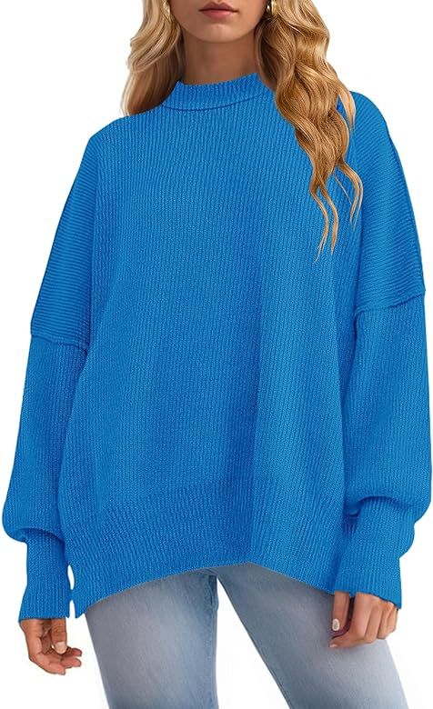 ZESICA Women's 2023 Fall Casual Long Sleeve Crew Neck Side Slit Oversized Ribbed Knit Pullover Sw... | Amazon (US)