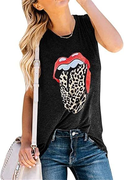 Fuyxxmer Women Red Lip Leopard Tongue Graphic Print Tank Top Round Neck Sleeveless Tee Shirt for ... | Amazon (CA)