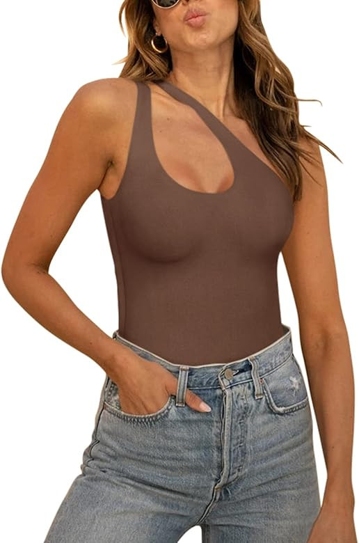 REORIA Women’s Sexy One Shoulder Cutout Front Backless Sleeveless Tank Top Bodysuits | Amazon (US)