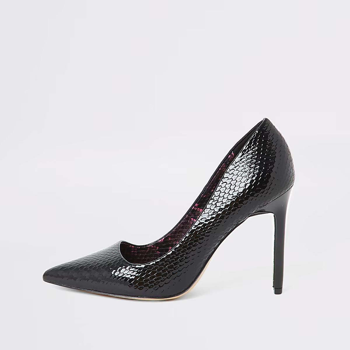Black snake embossed skinny heel court shoe | River Island (UK & IE)
