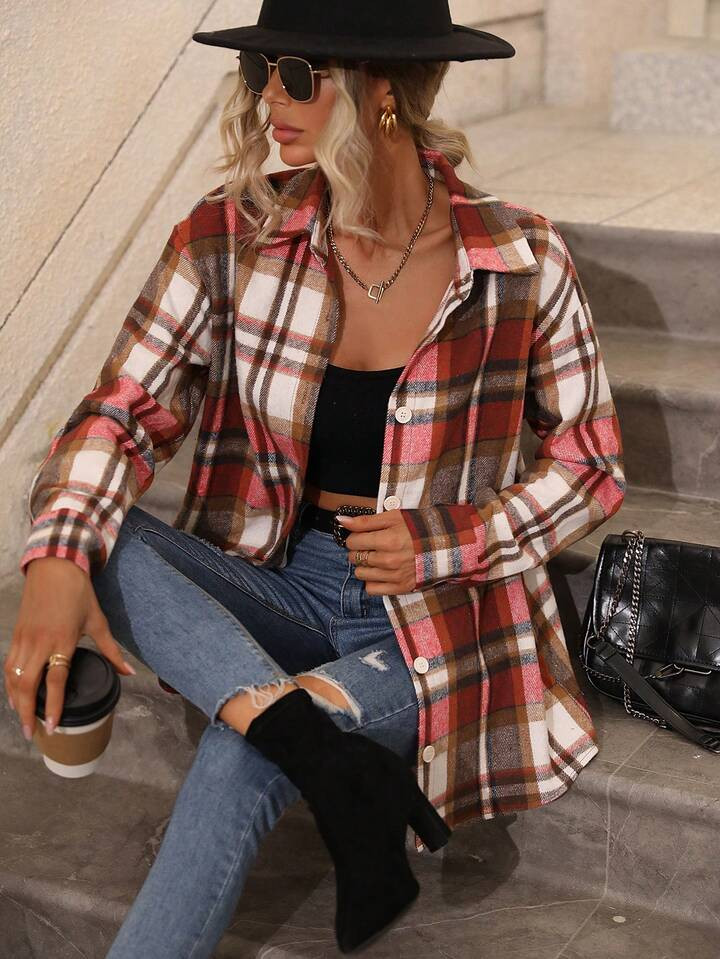 SHEIN LUNE Plaid Print Button Front Shirt | SHEIN