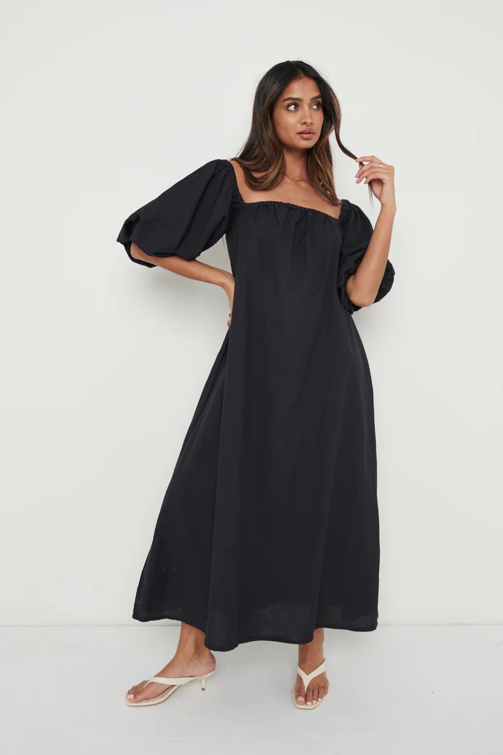 Amelie Puff Sleeve Bardot Dress - Black | Pretty Lavish (UK)