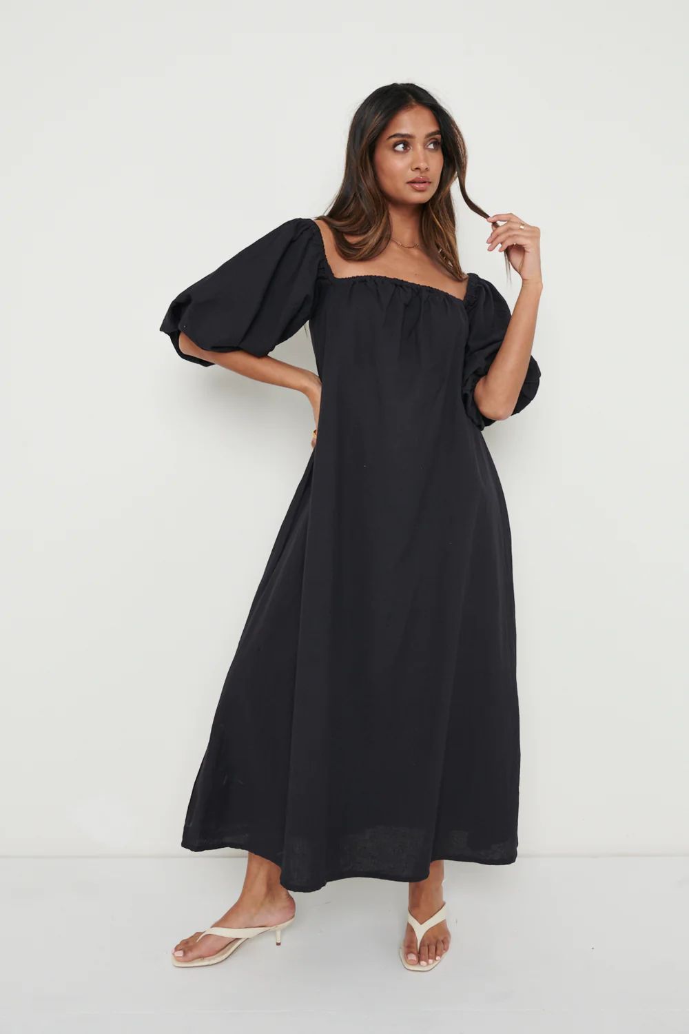 Amelie Puff Sleeve Bardot Dress - Black | Pretty Lavish (UK)