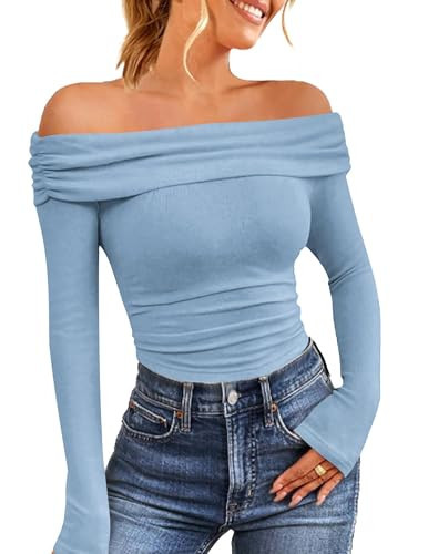 HOTOUCH Baby Blue Tops for Women Off The Shoulder Blouses Casual Basic Long Sleeve Y2K Shirts Sexy Baby Blue Tops Small Stretchy Blouses Spring Fashion Trendy 2025 | Amazon (US)