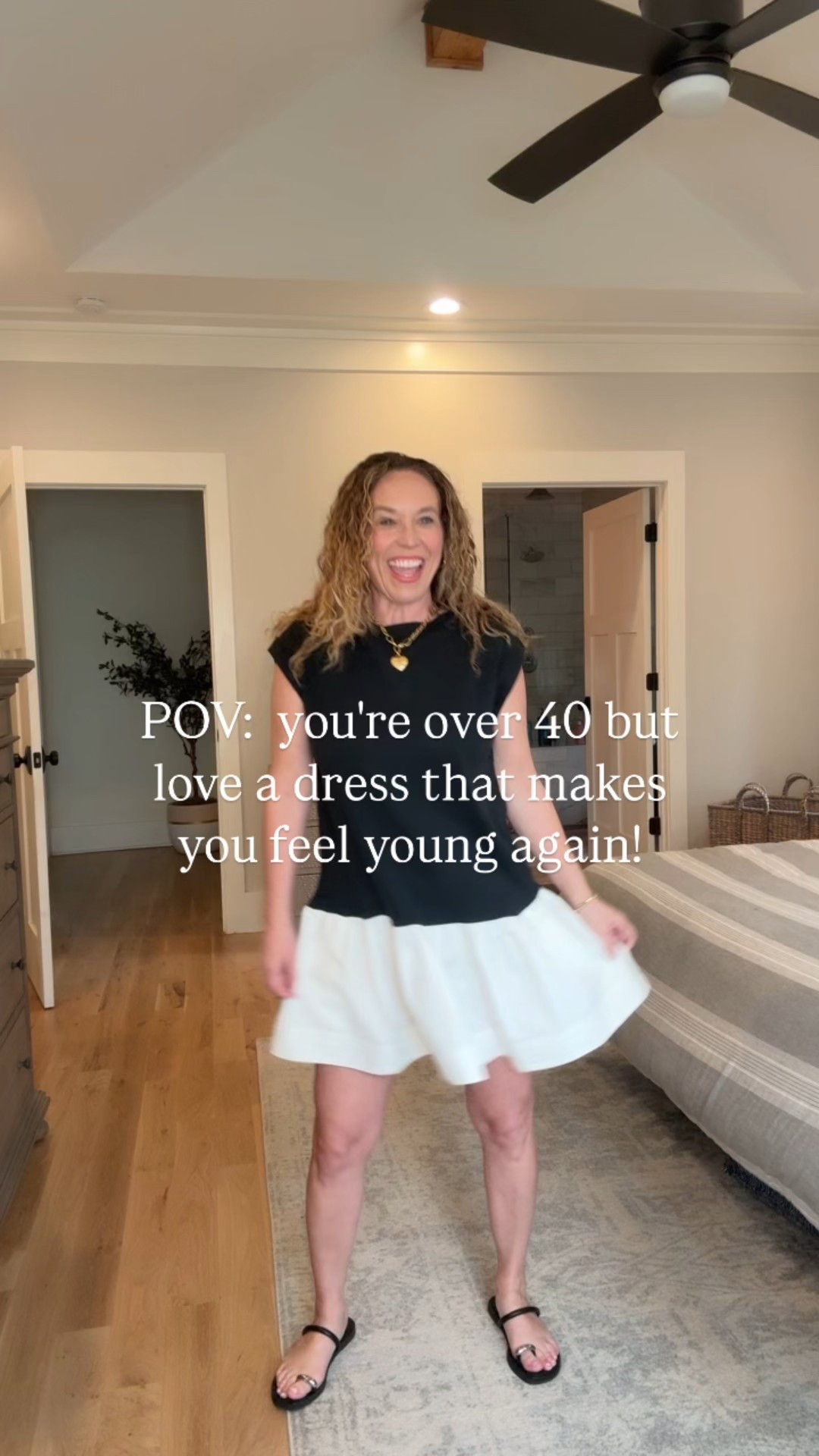 Dresses can be just as comfy as a sweatsuit and this can make you feel young again!  The ruffle hem has that girly flair that is just so fun and playful!  The color combo keeps it classic!!

Paired with sandals but could also be worn with sneakers so I'm linking a few options!!

Petite style over 40

#LTKSeasonal #LTKPetite #LTKOver40