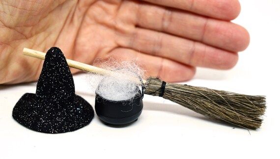 Miniature Halloween Set Metal Cauldron Hat Broom Witch's | Etsy | Etsy (US)