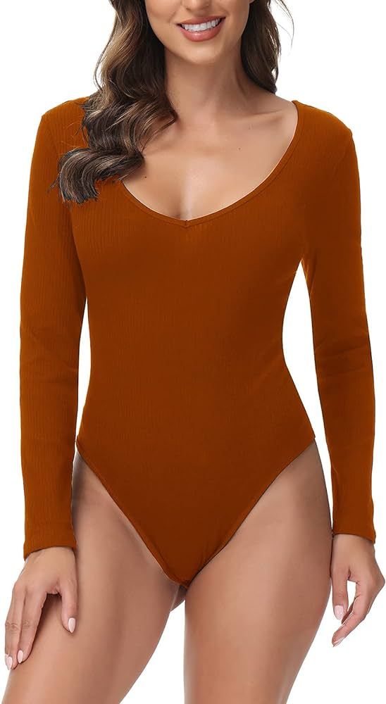 FV RELAY Women's Ribbed Sexy Deep V Neck Leotard Bodysuit Tops Stretchy Long Sleeve Bodycon Jumps... | Amazon (US)