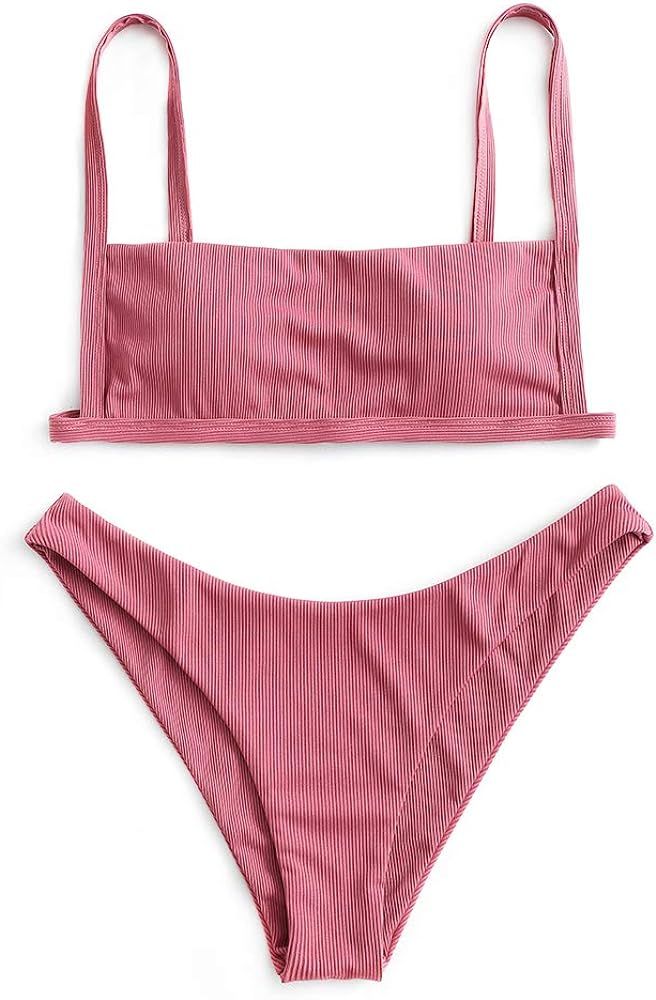 ZAFUL Women Ribbed Square Collar Bikini Swimwear, Sexy Side Boob Bathing Suit with Removable Padded | Amazon (US)
