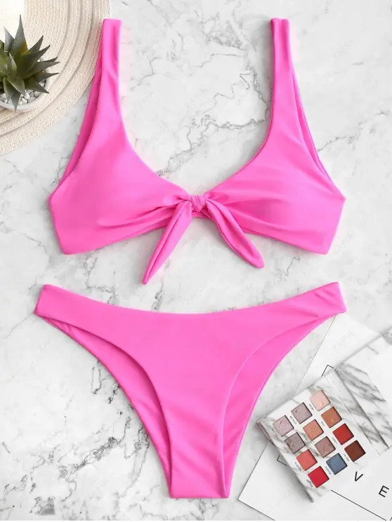 ZAFUL Knotted Plunge Bikini Swimsuit   BLACK LAVENDER BLUE NEON PINK YELLOW | Zaful US