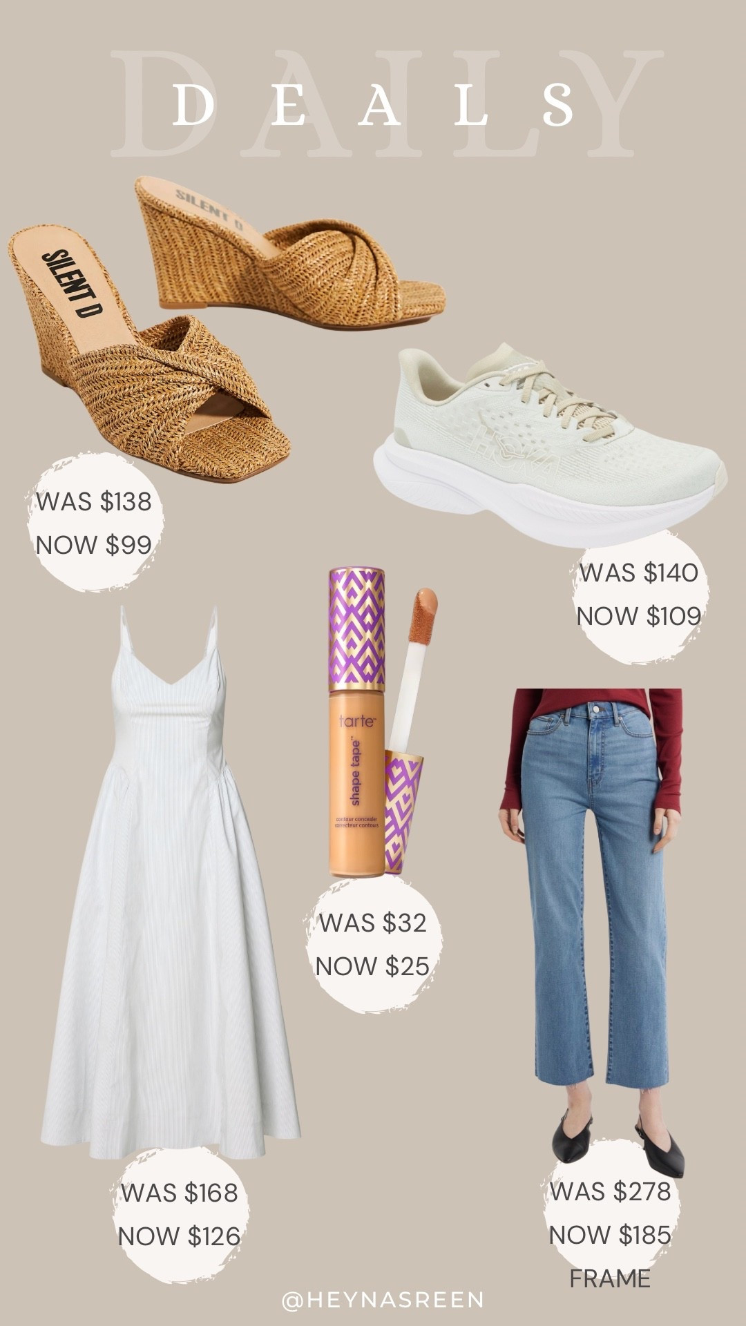 Daily deals on Silent D wedges, Hoka sneakers, Frame jeans, Tarte shape tape, Aritzia dress